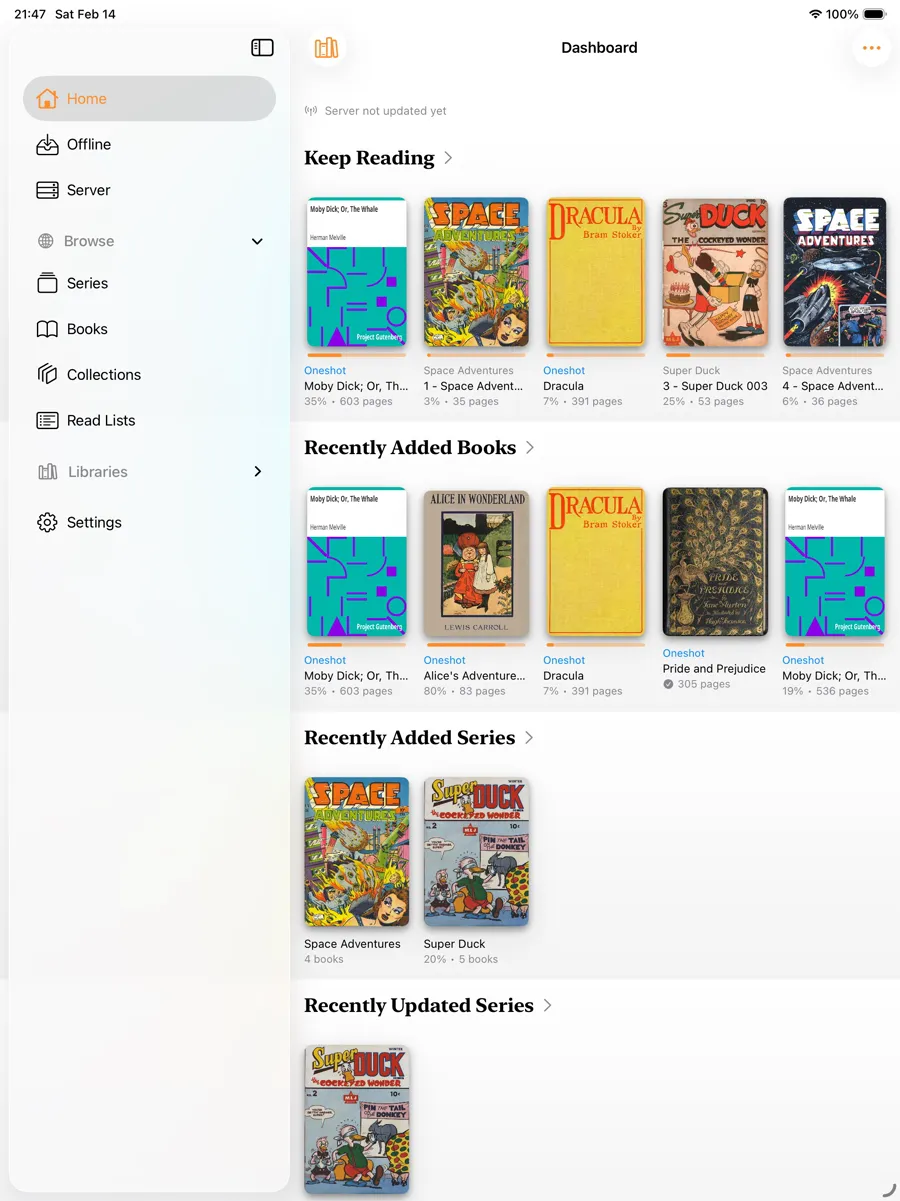 KMReader on iPad: Library dashboard with Keep Reading and recently added books