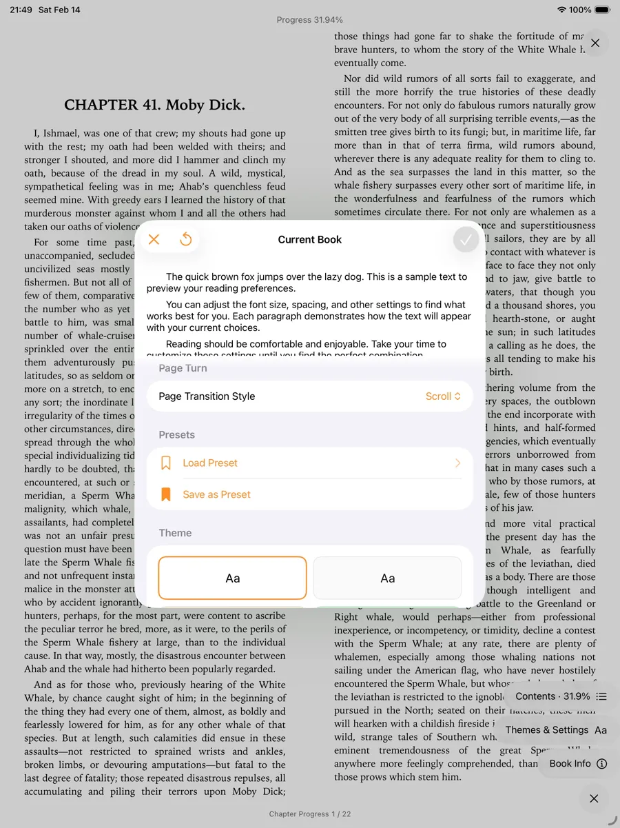 KMReader on iPad: EPUB reader with the theme panel open