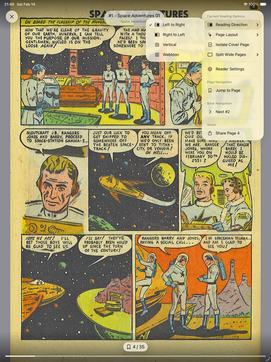 KMReader on iPad: DIVINA reader showing a full comic page
