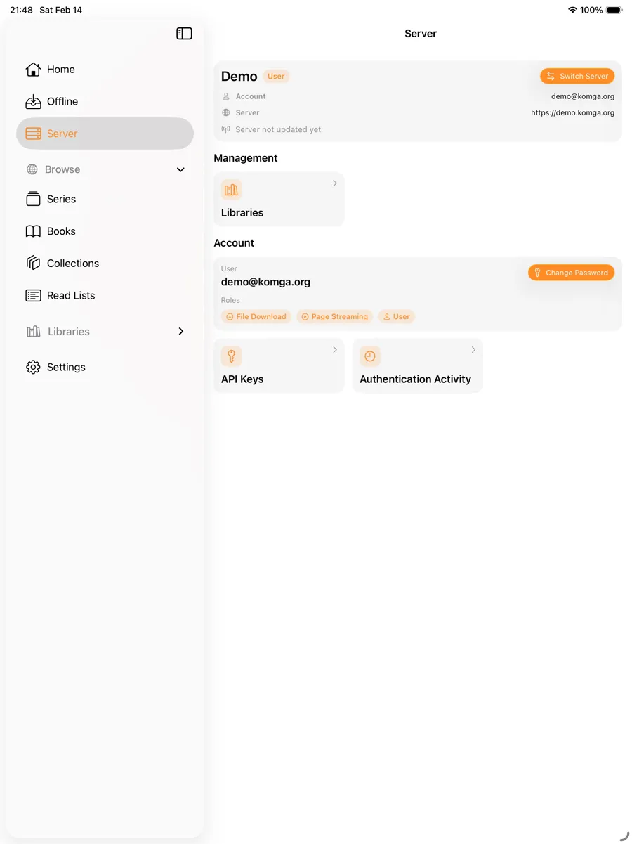 KMReader on iPad: Server management view