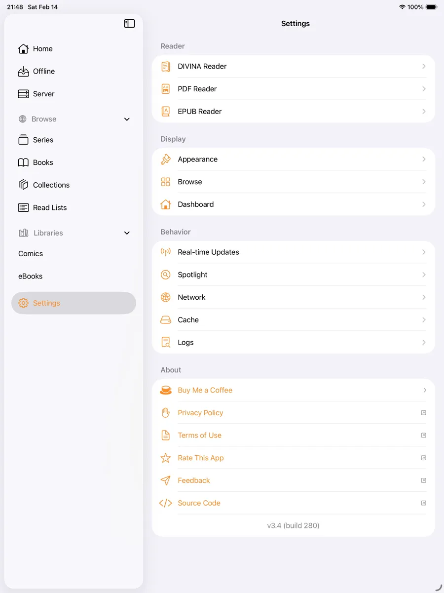 KMReader on iPad: Settings view