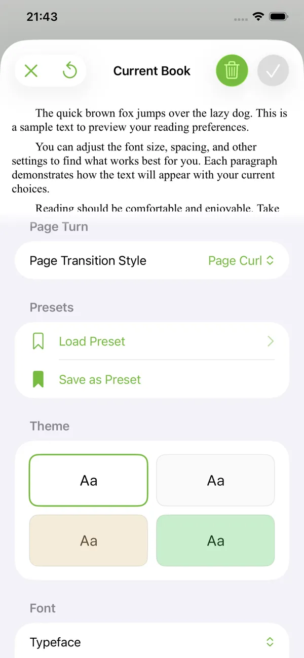 KMReader on iPhone: Current book view with reader presets and theme settings