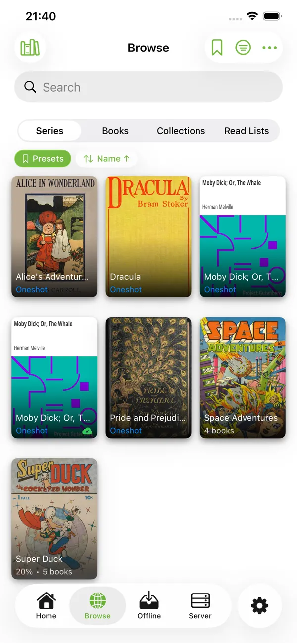 KMReader on iPhone showing the browse view with series, books, collections and read lists