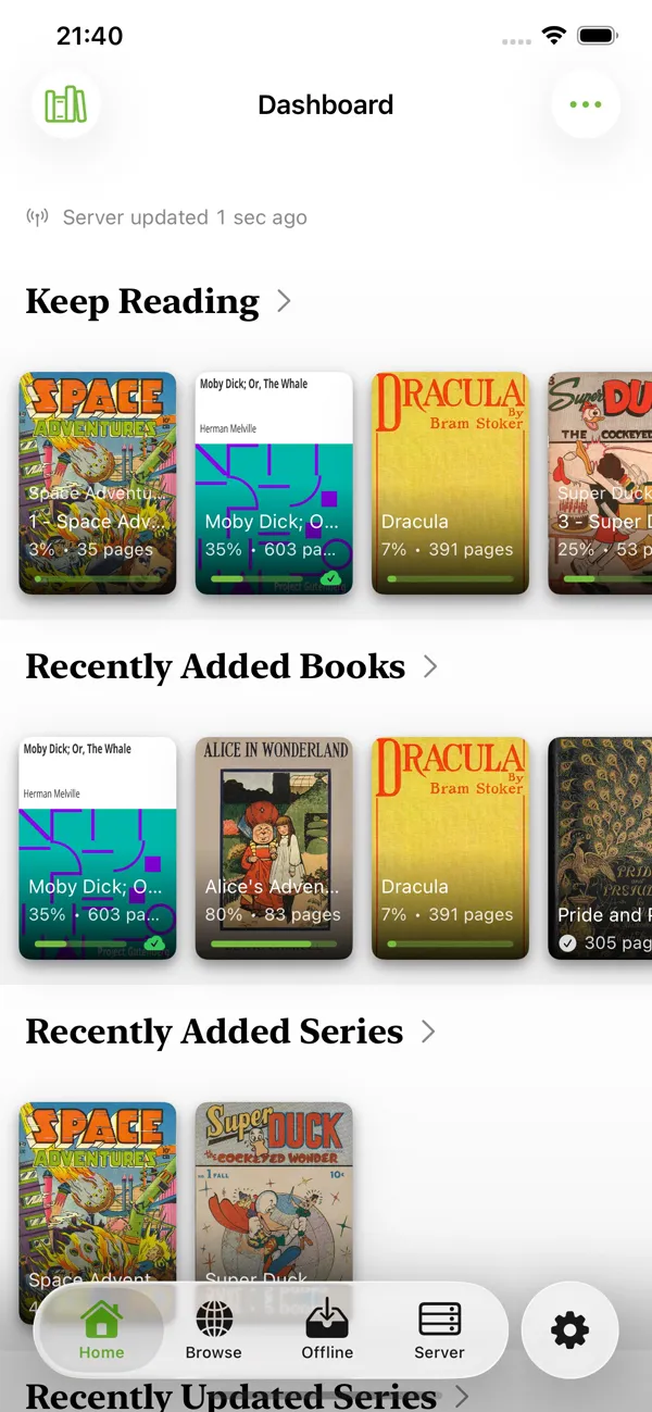 KMReader on iPhone: Library dashboard with Keep Reading and recently added books