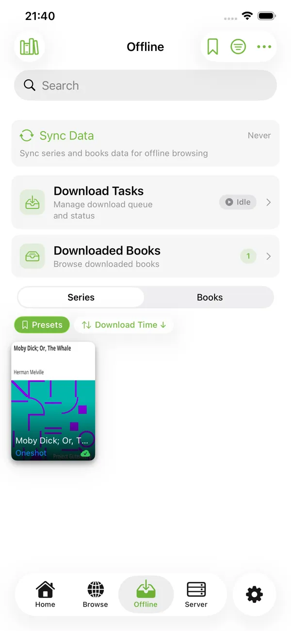 KMReader on iPhone: Offline view with download tasks and downloaded books