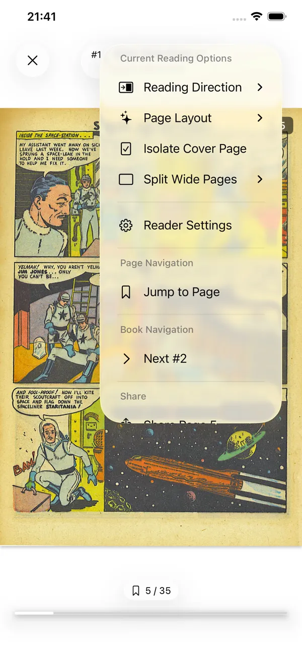 KMReader on iPhone: DIVINA reader with the reading settings menu open