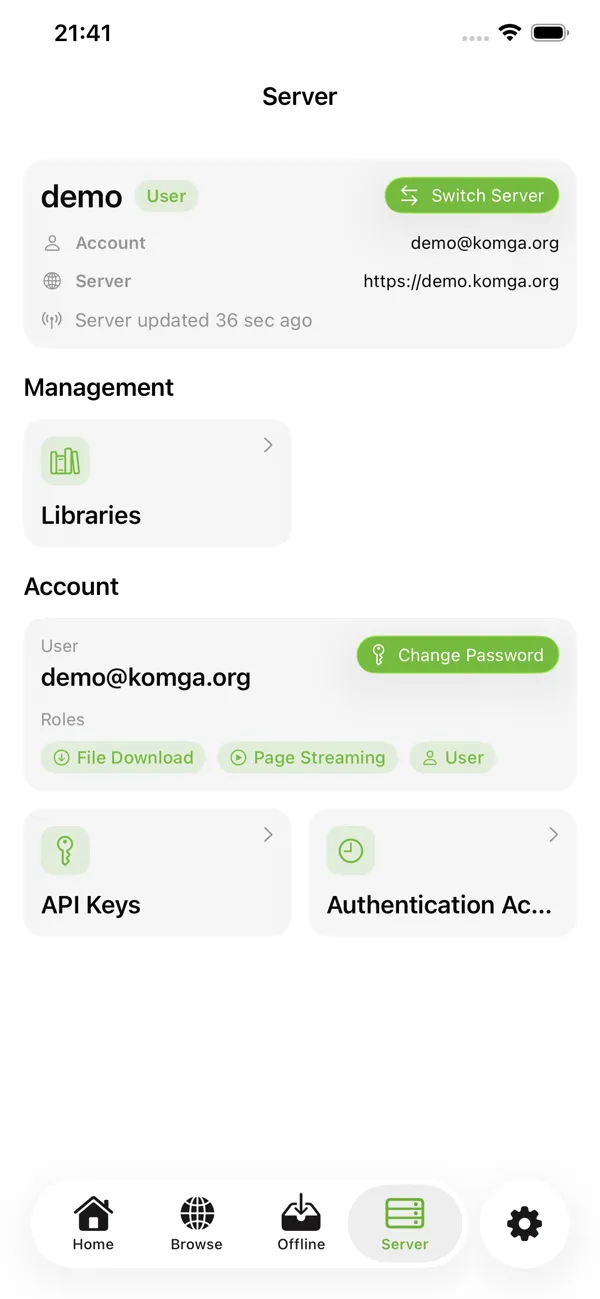 KMReader on iPhone: Server management view with libraries and API keys
