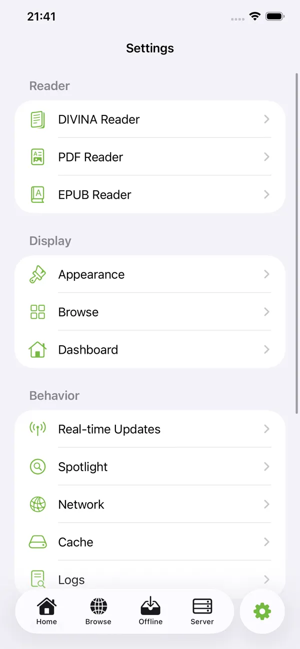 KMReader on iPhone: Settings view with reader and display options