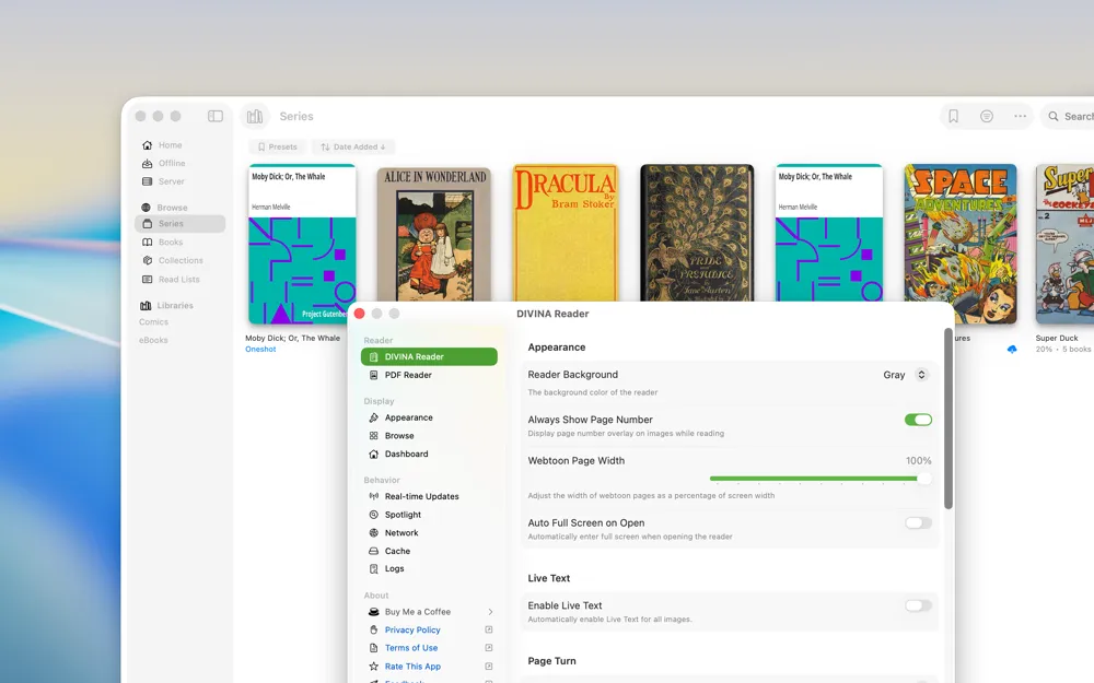 KMReader on Mac: Browse view with the series grid and reader settings