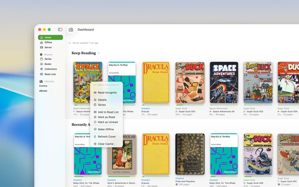 KMReader on Mac showing the library dashboard with Keep Reading and the context menu open