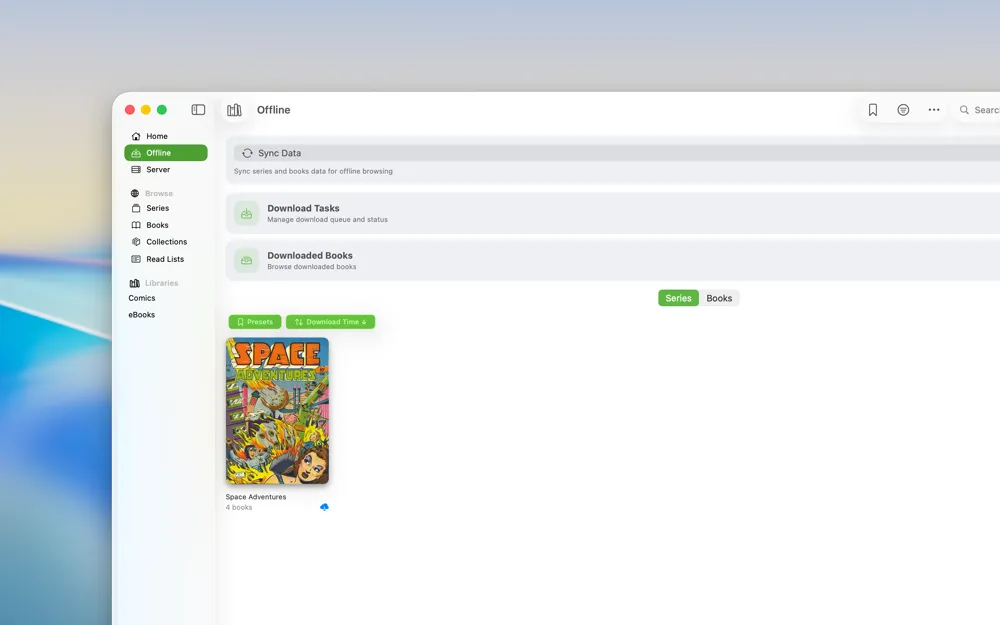 KMReader on Mac: Offline view with download tasks and downloaded books