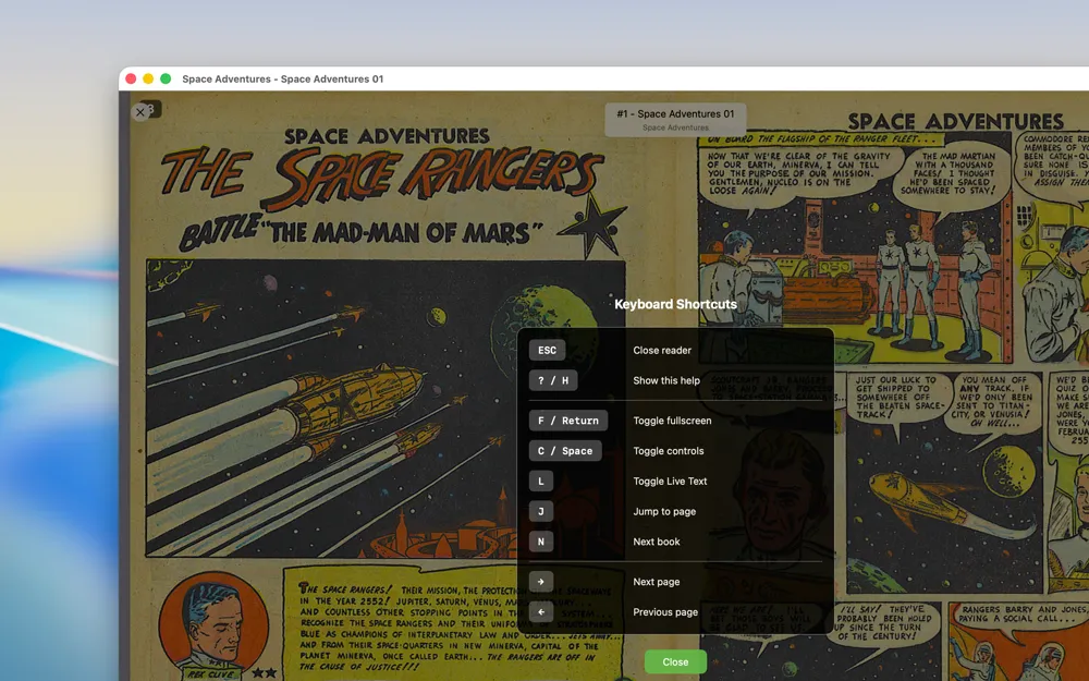 KMReader on Mac: DIVINA reader window with the keyboard shortcuts panel