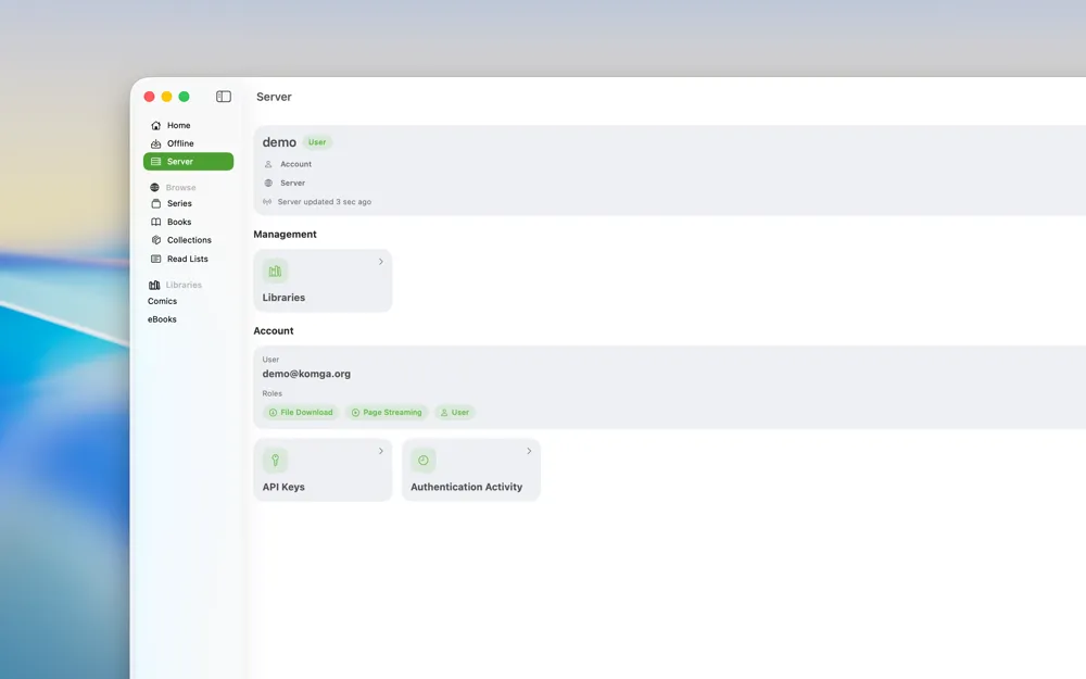 KMReader on Mac: Server management view