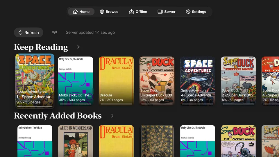 KMReader on Apple TV: Home view with Keep Reading and recently added books