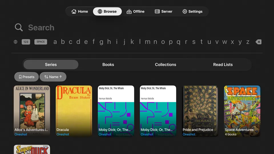 KMReader on Apple TV: Search view with the alphabet bar and results