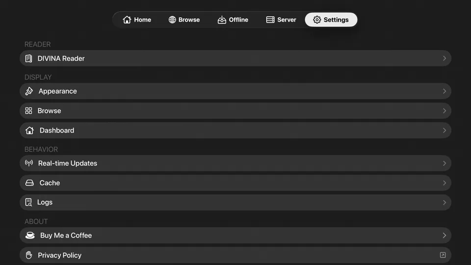 KMReader on Apple TV: Settings view